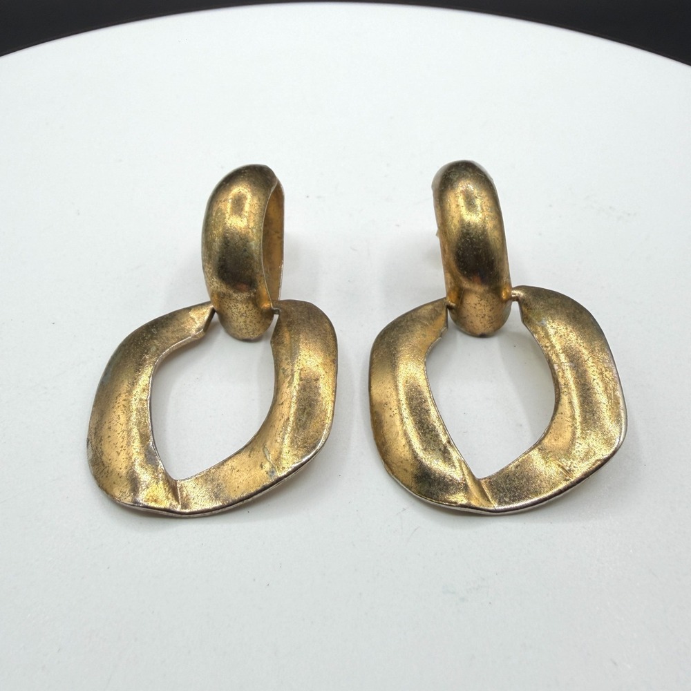 Gold Tone Geometric Door Knocker Dangle Earrings Chunky Statement Pierced Pair - Picture 3 of 13